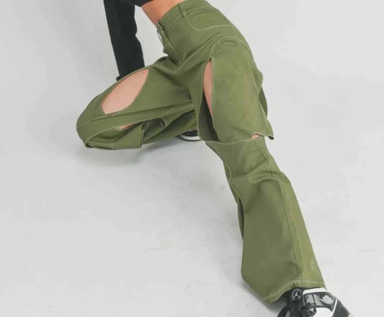 Blue Green Contrast Color Patchwork Wide Leg Trousers for Women High Waist Button Zipper Closure Hollow Out Straight Leg Pants