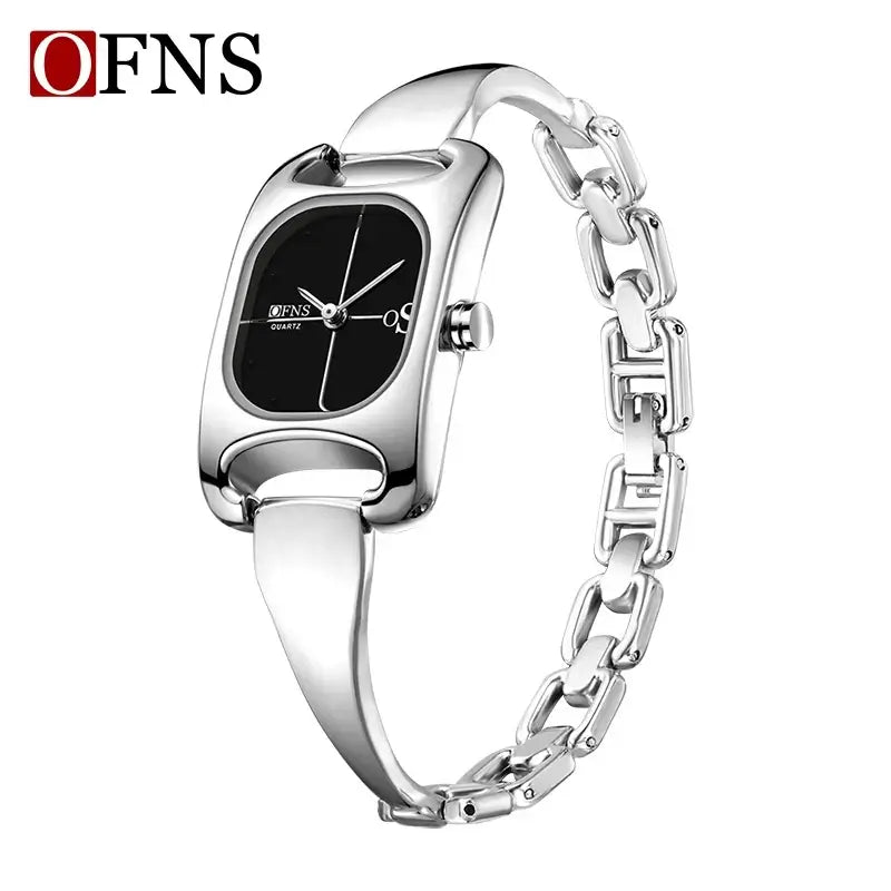 OFNS 5518 New women's watch high-end alloy niche ladies' square watch 3D studded waterproof quartz watch with black dial.