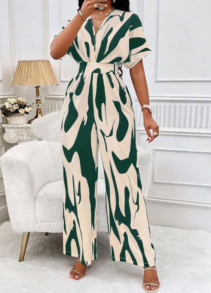 Women Wide Leg Jumpsuit Spring Summer Fashion V Neck Short Sleeve High Waist Full Body Printed Jumpsuits Casual One Pieces