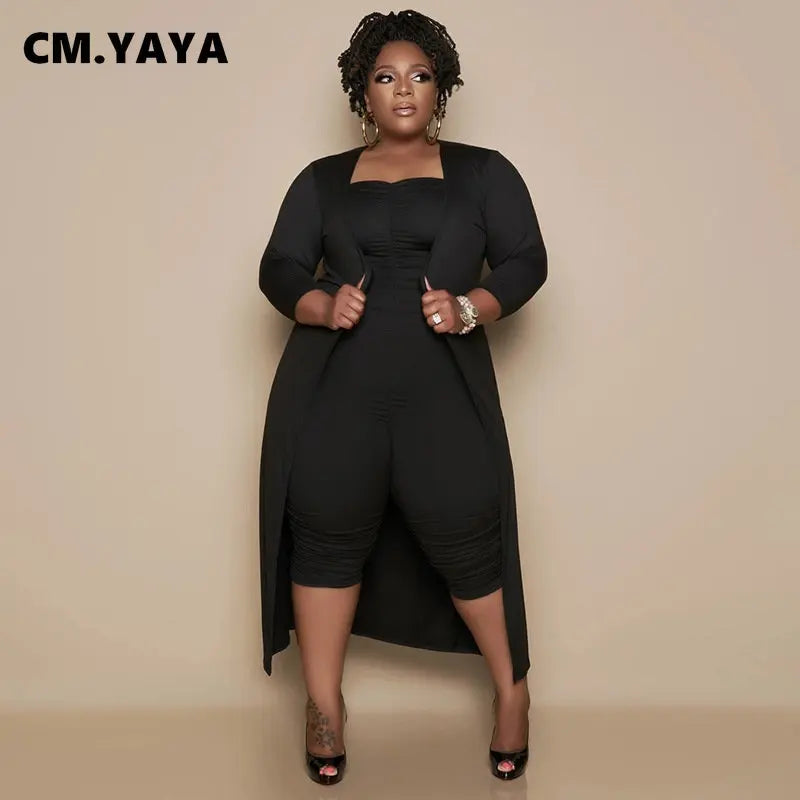 CM.YAYA Plus Size Women's Set Open Stitch Long Sleeve Maxi Top and Stacked Jumpsuit Suit 2023 Two 2 Piece Set Outfit Tracksuits