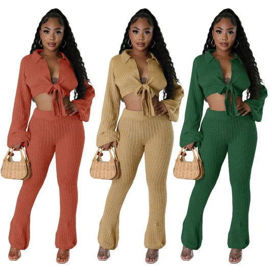 Solid Hollow Out Knitted Two Piece Set Women Long Sleeve Lace Up Cardigan Crop Tops High Waist Flare Pants Stretch Casual Suits