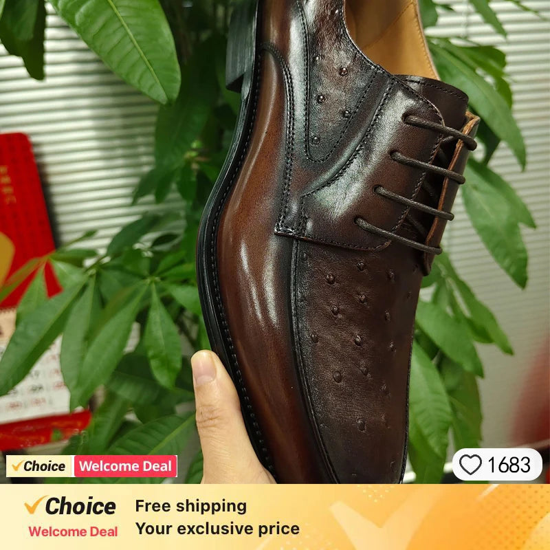 2026 new ostrich leather pattern men's genuine leather formal wear handmade cowhide Fashion casual business leather shoes