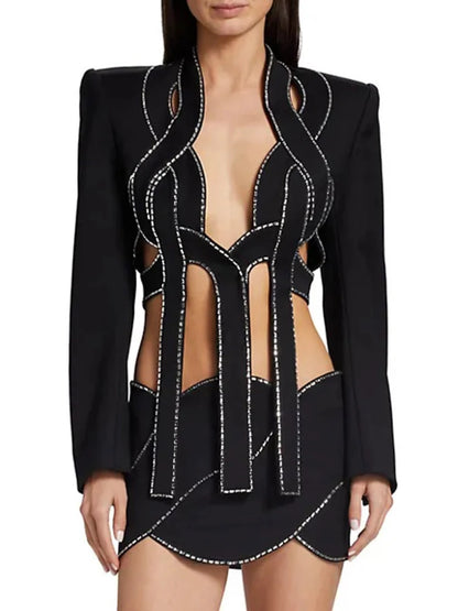 BEVENCCEL  New In Women's Luxury Diamond Hollow Suit 2-piece Set Elegant Long Sleeve Outfit Skirt Bandage Party Matching Set