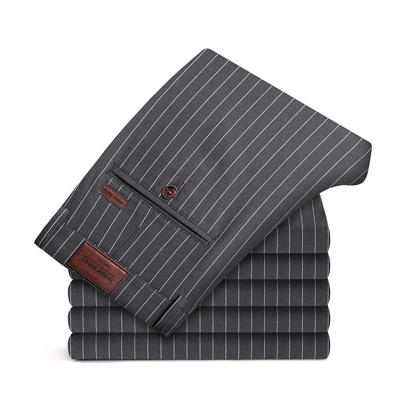 Autumn Stripe Trousers Men Formal Work Business Red Grey Navy Blue Black Slim Fit Iron-free Office Luxury Suit Pants Male 30-38