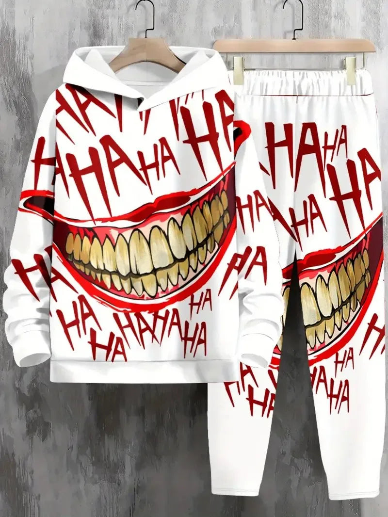 The 2025 Spring and Autumn new men's hoodie set features a casual fashionable and comfortable 3D smiling face pattern print