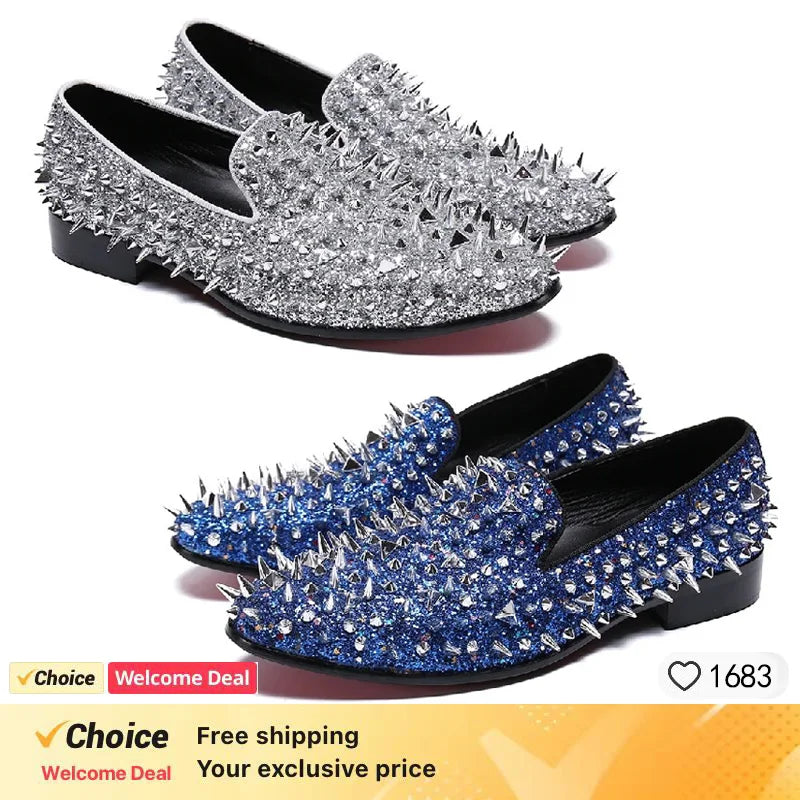 Fashion Blaue Bling Spikes Loafers Schuhe für Herren Luxus Handgemachte Slip-On Herren Anzugschuhe Hochzeitsschuhe