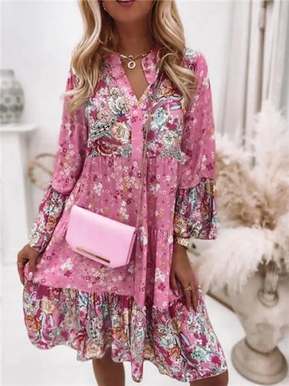 Casual Floral Print Dresses For Women  Sping Summer Boho V Neck Loose A Line Dress Elegant Beach Party Dress Robe Femme
