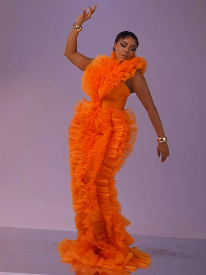 Stunning Orange Ruffle Tulle Evening Dresses 2026 New Pleated Tiered Formal Prom Gown Party Dress for Photoshoot Red Carpet Gown