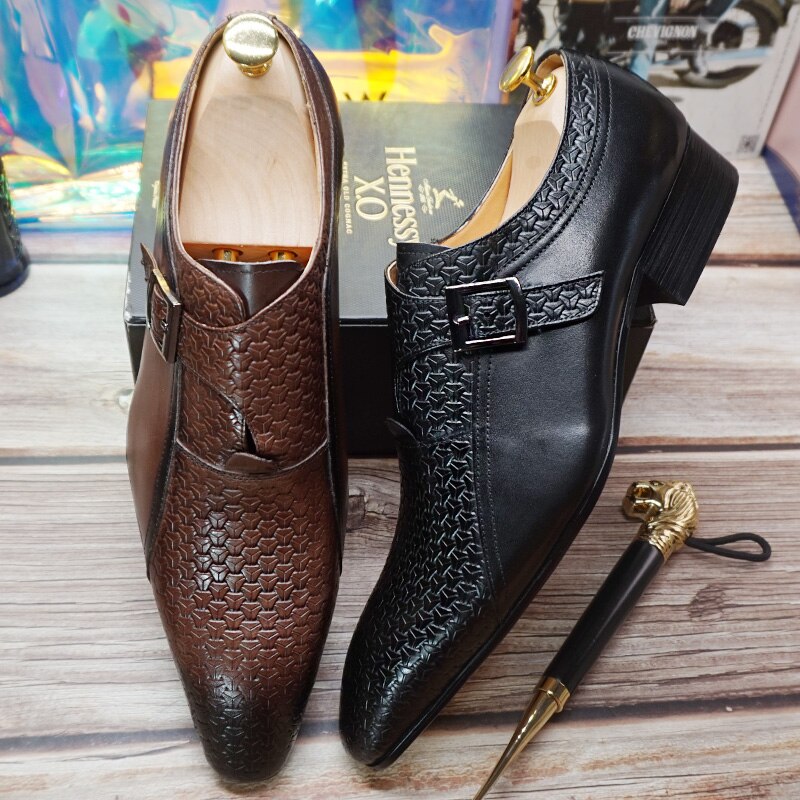 Luxury Men Loafers Shoes Fashion Prints Genuine Leather Monk Strap Men Dress Casual Shoes Black Brown Wedding Office Men&#39;s Shoes