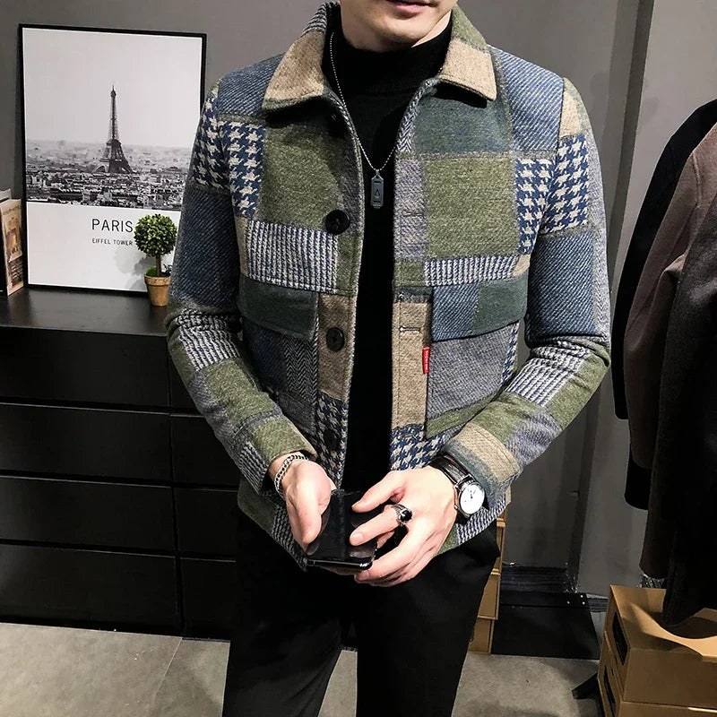 2023 Autumn and Winter Fashion New Men's Casual Lapel Hoodless Jacket / Male Slim Plaid Woolen Coat