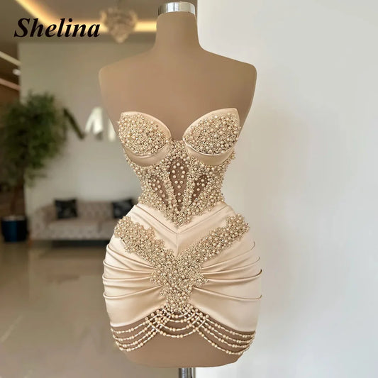 Shelina Graceful Pearls Cocktail Dress Sweetheart Sleeveless Satin Pleat Sheath Formal Party Gown Vestidos De Noche Customized