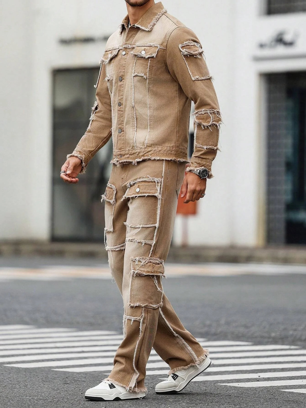 Men's Distressed Patchwork Denim Set - Khaki Washed Frayed Jacket & Wide Leg Jeans Streetwear