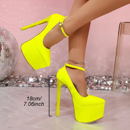 European and American Style High Heels for Women Sky-High One-Strap Patent Leather Thick-Soled Plus Size Height-Increasing Shoes