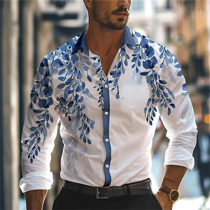 New men's casual 3D printed leaf print shirt for daily wear, spring lapel long sleeved button up shirt S-6XL plus size