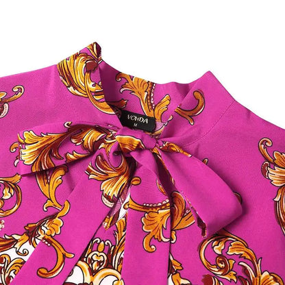 VONDA Maxi Dress  Summer Women Bohemian Printed Party Sundress Long Sleeve Stand Collar Casual Robe Holiday Vestidos Belted