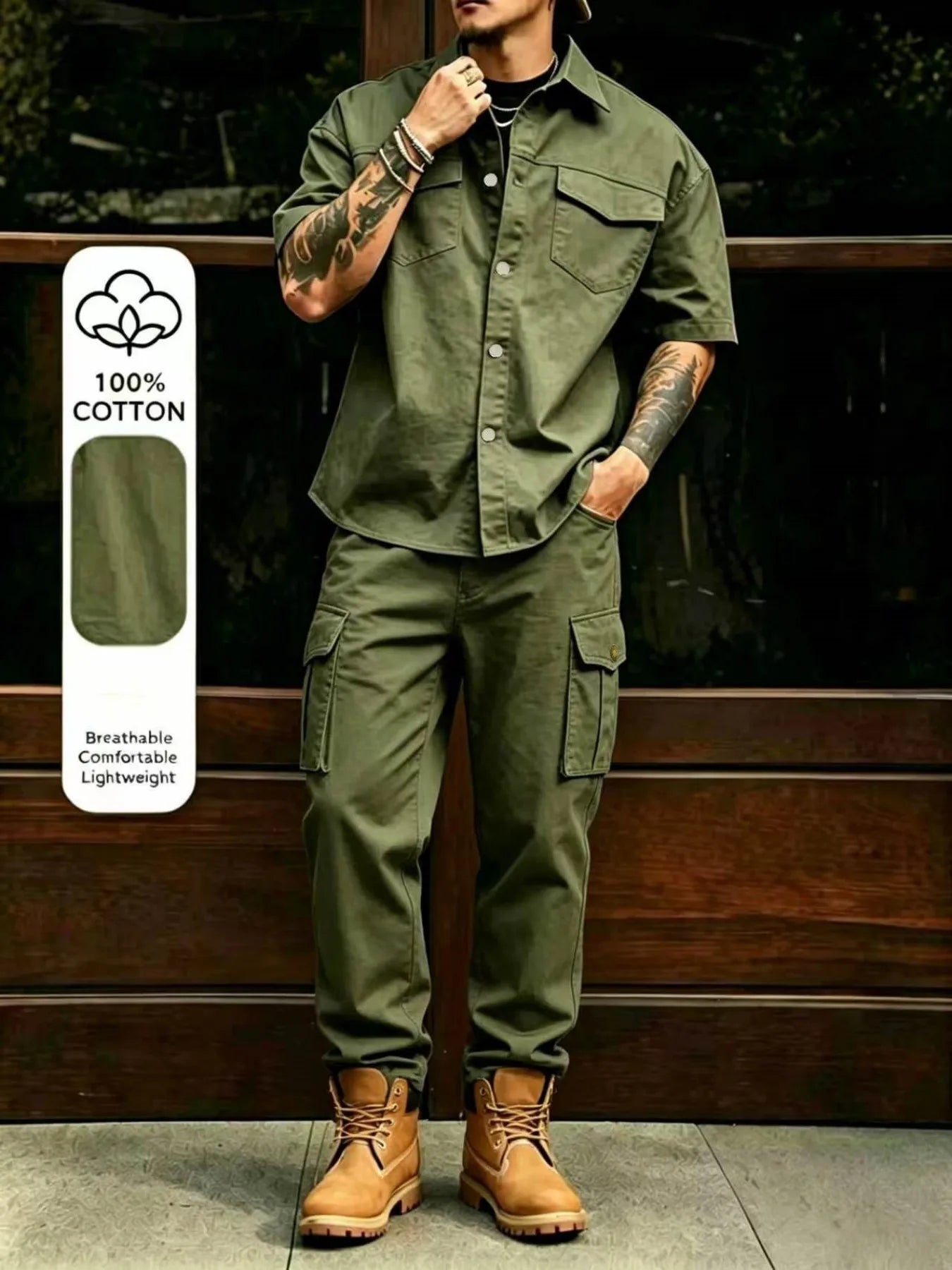 Men's Casual Workwear 100% Cotton Multi-Pocket Short-Sleeved Shirt Pants Set Male Cargo Overalls Streetwear Short Sleeve Button