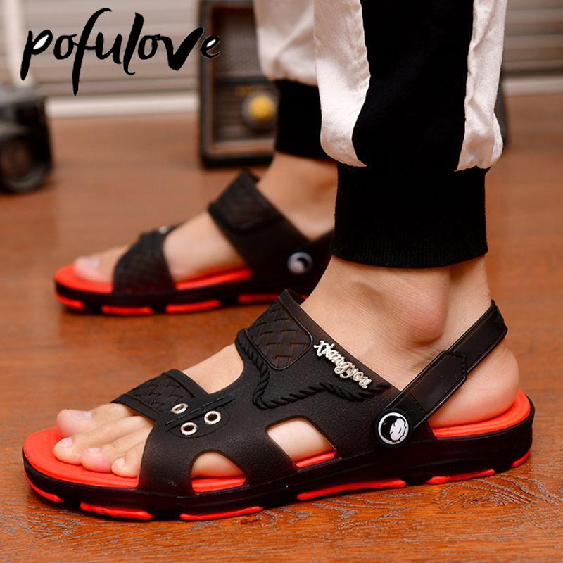 Pofulove Men Slippers Summer Sandals Outdoor Beach Casual Shoes Zapatos De Hombre Indoor Durable Anti Slip Peep Toe New