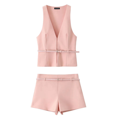 TRAFZA Vintage Chic Solid Women Suit V Neck Sleeveless Sashes Vest Blazer Straight Shorts New Fashion  Summer Office Sets