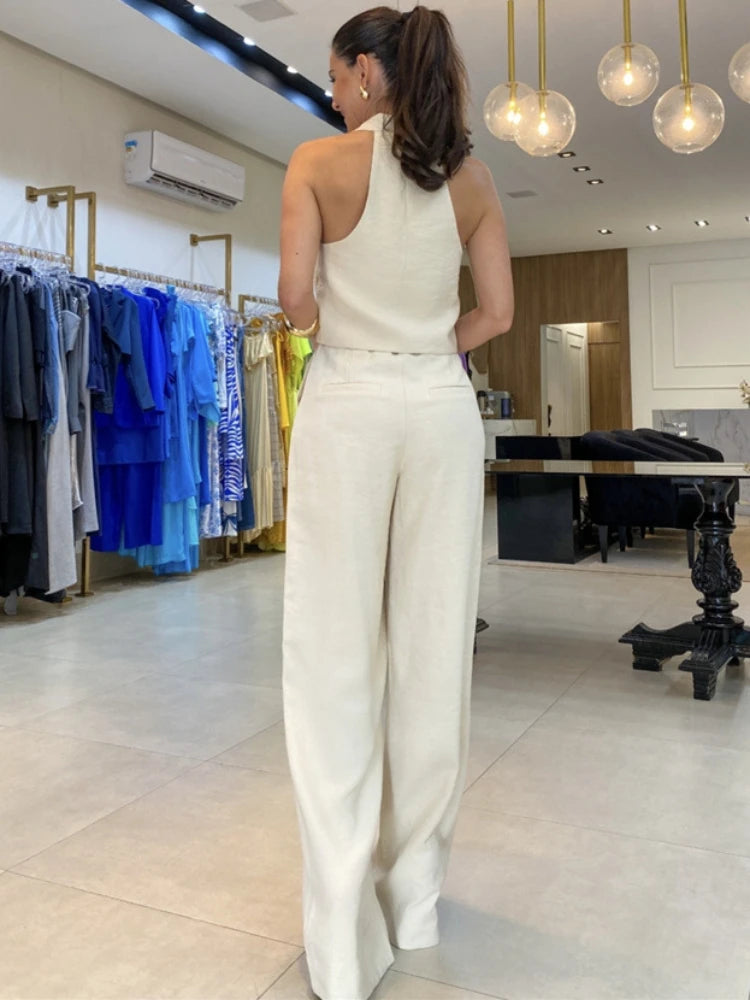 Women's Two Piece Sets Womens Outfits New in Fashion Sleeveless Suits Shirt High Waist Wide Leg Pants Clothing for Women 2024