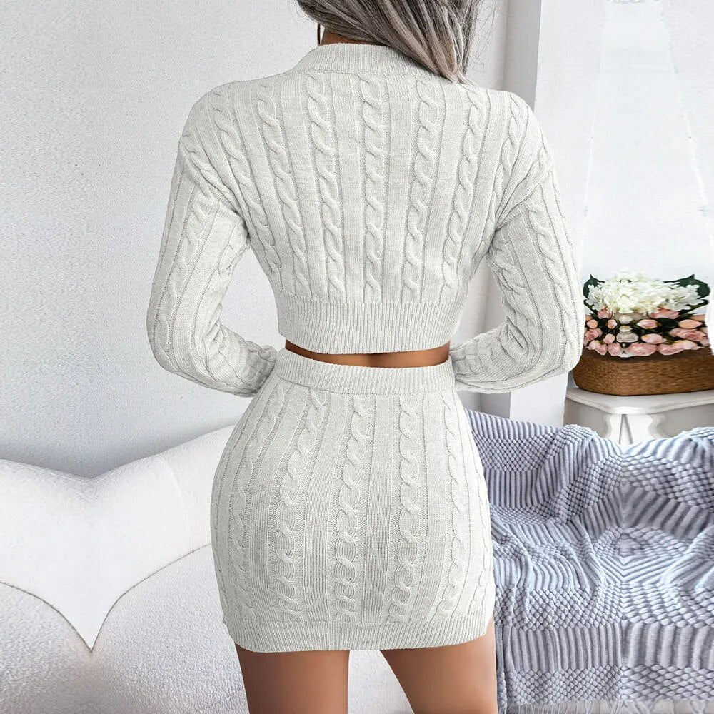 Ficusrong Women Autumn Winter Twist Crop Sweater Hip Skirt Knit Suits For Laides Solid Color Slim All Match Two Piece Set