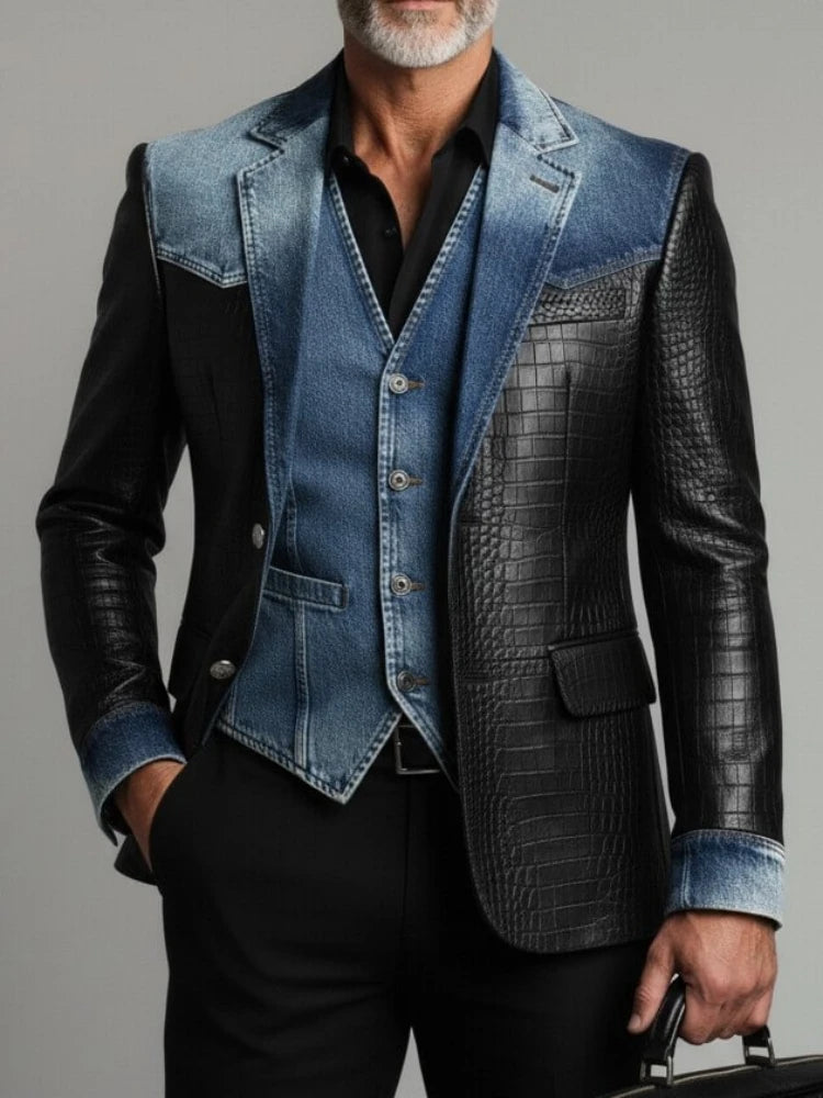 Designer Classic Men's Suit Coat Denim Patchwork Crocodile PU Leather Notched Lapel Tuxedos Groom Wear Business Party Blazer