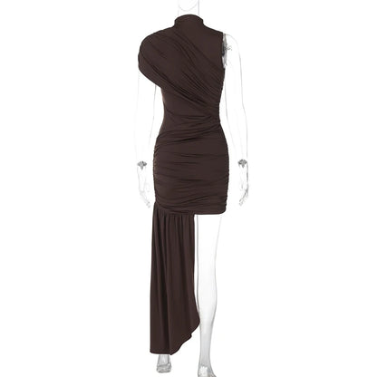 Mozision Irregular Draped Ruched Sexy Mini Dress For Women Elegant Turtleneck Sleeveless High Waist Pleated Club Party Dress
