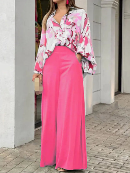 Spring Autumn New Women's Fashion Printed Single Breasted Shirt Solid Color Pants Casual Comfort Two Piece Set