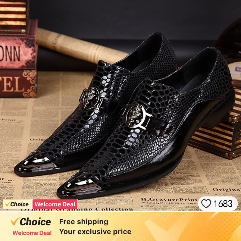 Italienischer Stil Herren Business Schuhe Schwarz Metall Spitz Zehen Schlangenmuster Echtes Leder Schuhe Party Schuhe Herren Flach