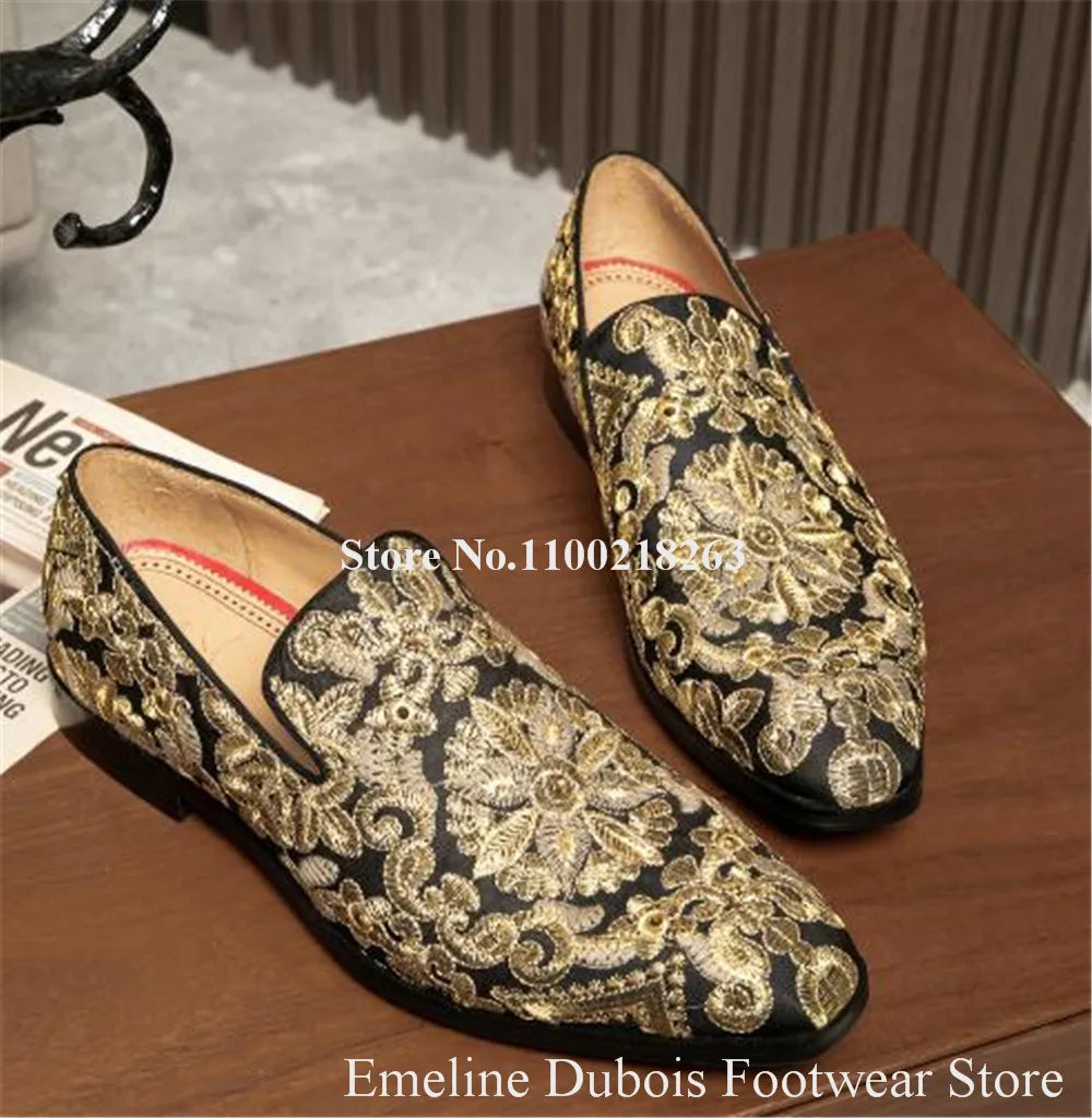 Newest Men Gold Embroidery Loafers Emeline Dubois Round Toe Printed Slip-on Flat Leisure Shoes Men Men Party Shoes