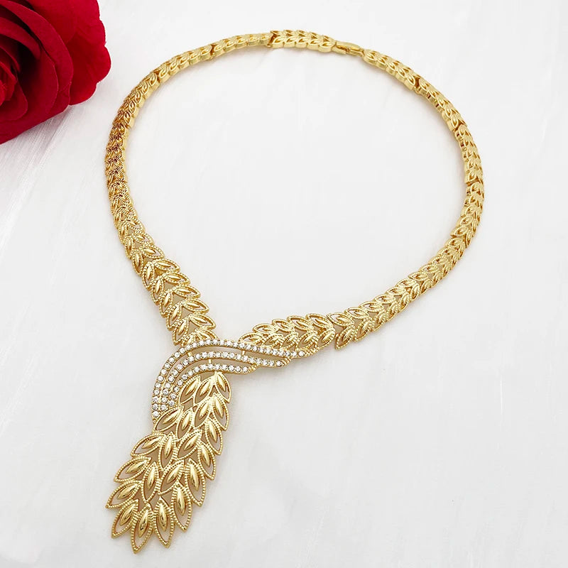 Elegant Women Jewelry Set 18k Gold Plated Plant Leaf Necklace Earrings Ring Bracelet Dubai Set Jewelry For Wedding Party Gift