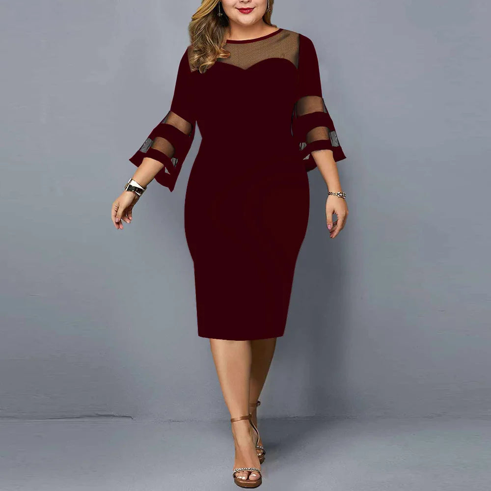 Frühling Sommer Elegante Mode Spitze Patchwork Übergröße Kleider Damen Sexy Mesh Abendparty Vestidos Einfarbig Bodycon Robe Femme