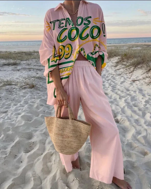 Summer Women New Casual Print Two-piece Set Clothing Seaside Tropical Vacation Style Printed Lapel Shirt + Wide-leg Trousers Set