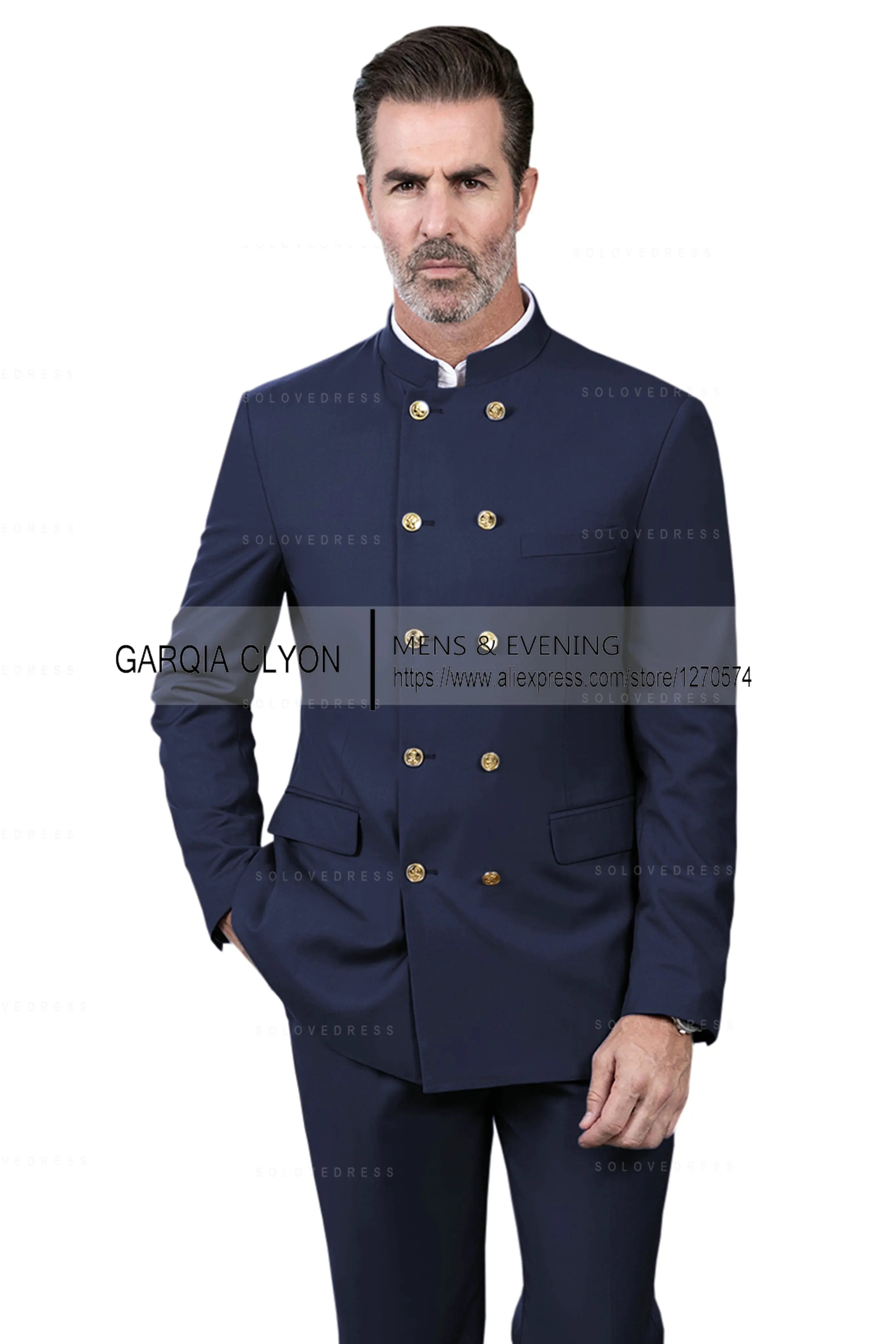2 Piece Stand Collar Double-Breasted Chinese Style  Men's Suits With 3 Real Pocket Wedding SuitsTailored Fit (Blazer+Pants)