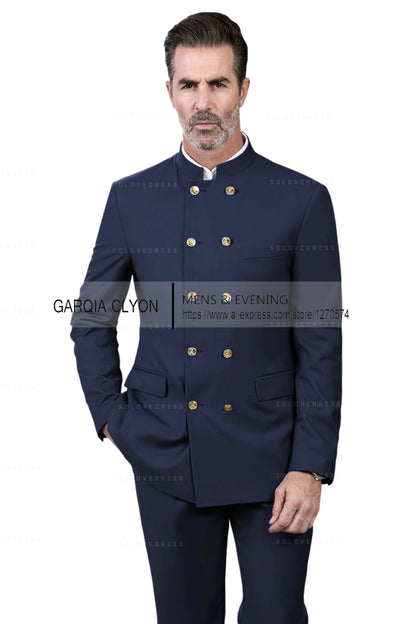 2 Piece Stand Collar Double-Breasted Chinese Style  Men's Suits With 3 Real Pocket Wedding SuitsTailored Fit (Blazer+Pants)
