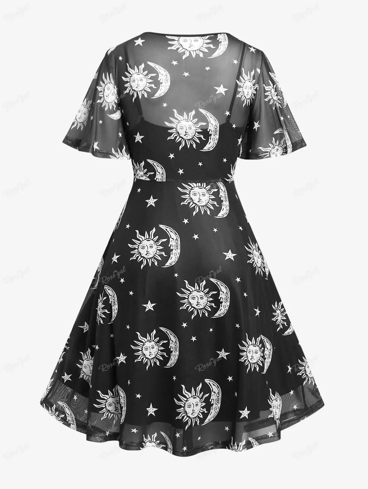 ROSEGAL Plus Size Sun Moon Star Printed Lace-up Mesh Dress And Lace Trim Cami Dress Set 2023 Fashion High Waist Vestidos Dresses