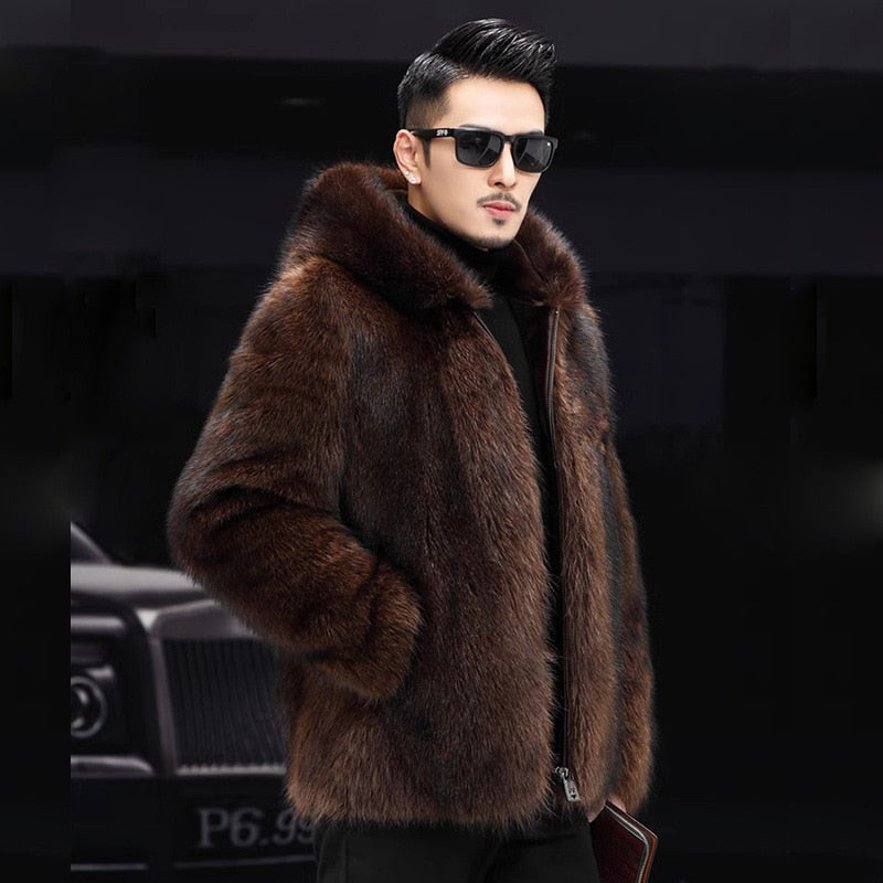 Luxury Winter Warm Faux Fur Coat Men Hooded Thick Fur Coat Jacket Plus Size Branded Zipper Designer Men's Clothing Slim