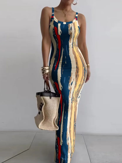 Dresses For Women  Sexy Spaghetti Strap Color Printed Long Dress Evening Y2k Sleeveless Solid Skinny Bodycon Maxi Vestidos