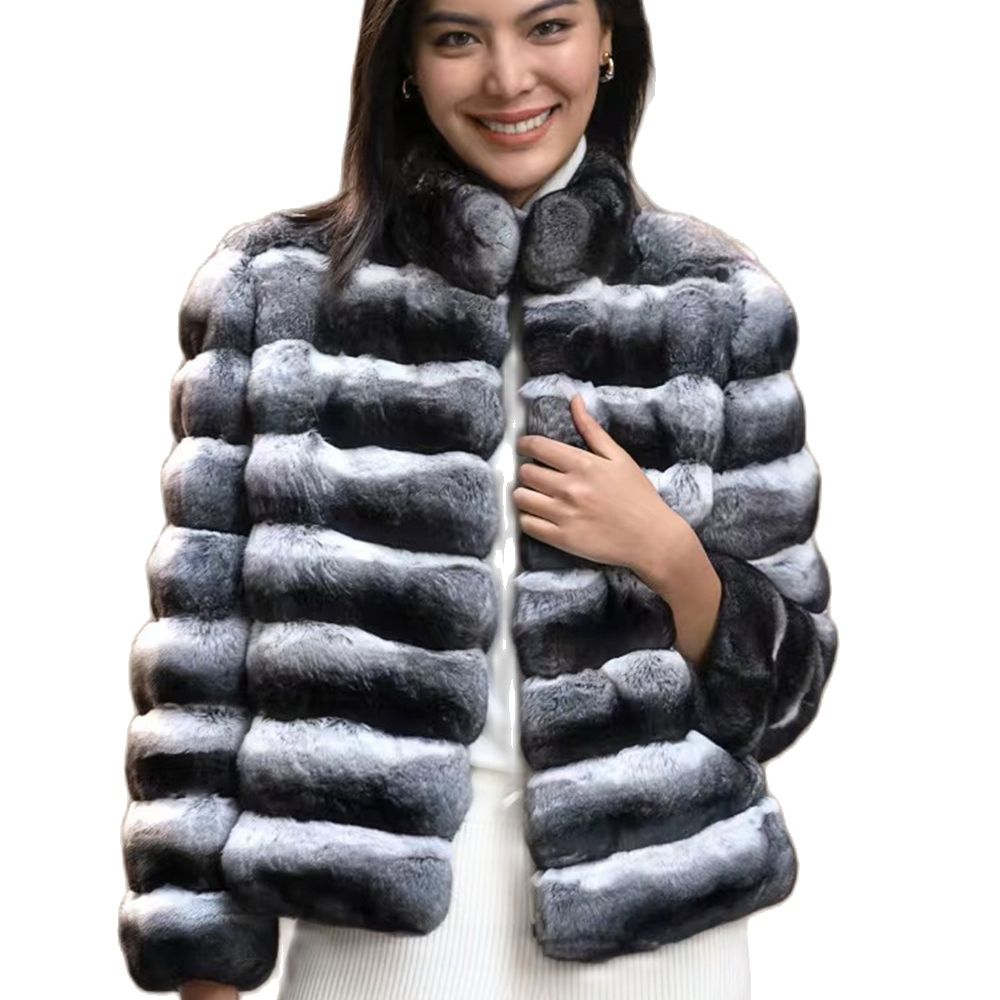 2023 New women's Chinchilla striped jacket Real Rex Rabbit fur fur all-in-one fur coat coat length 60cm package mail winter thic