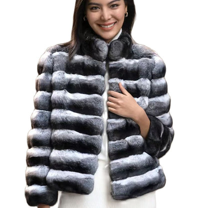New women's Chinchilla striped jacket Real Rex Rabbit fur fur all-in-one fur coat coat length 60cm package mail winter thic