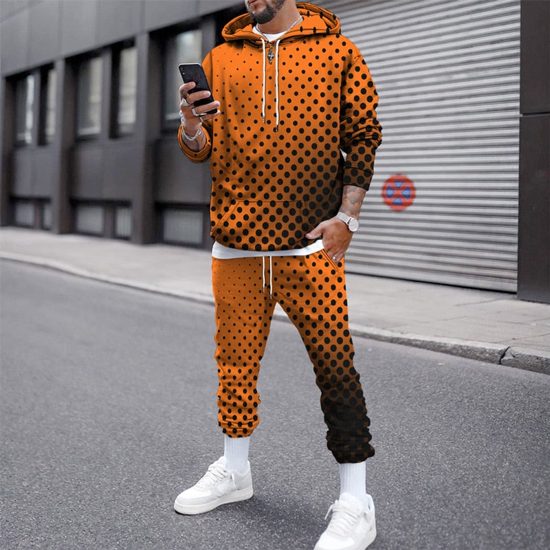 Spring and Autumn Men&#39;s simple classic grey Polka Dot 3Dprinted sports hoodie suit casual breathable trousers tracksuit clothing