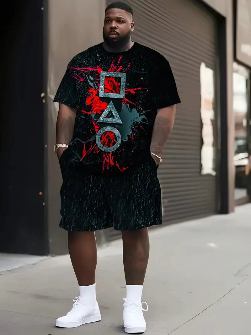 Denim Graphic T-shirt And Shorts 2-piece Set 2025 Plus Size Men's Clothing Casual Loose Drawstring Waist Shorts Short Sleeve Top