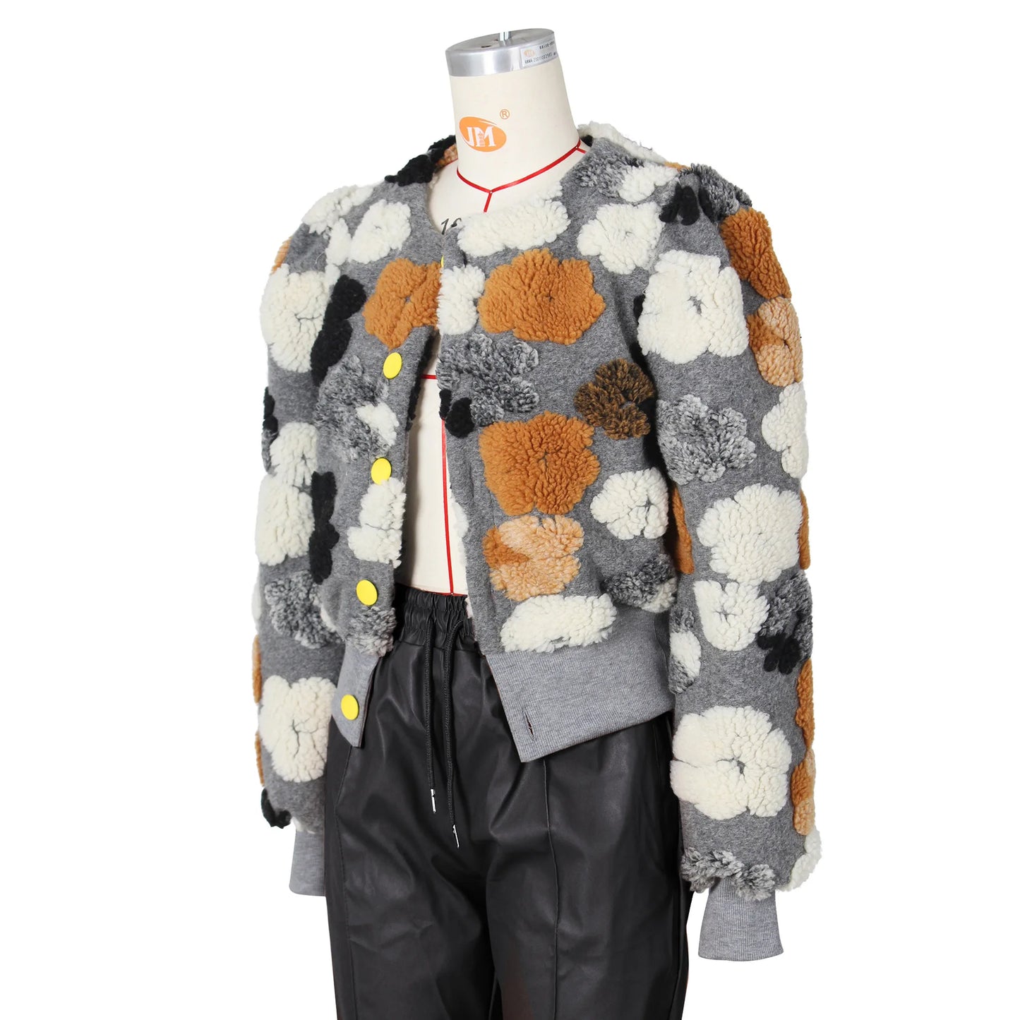 Women's Cropped Floral Print Bomber Jacket Long Puff Sleeve Button Down Coat Outerwear Street Fall Winter Fleece Sherpa Jacket