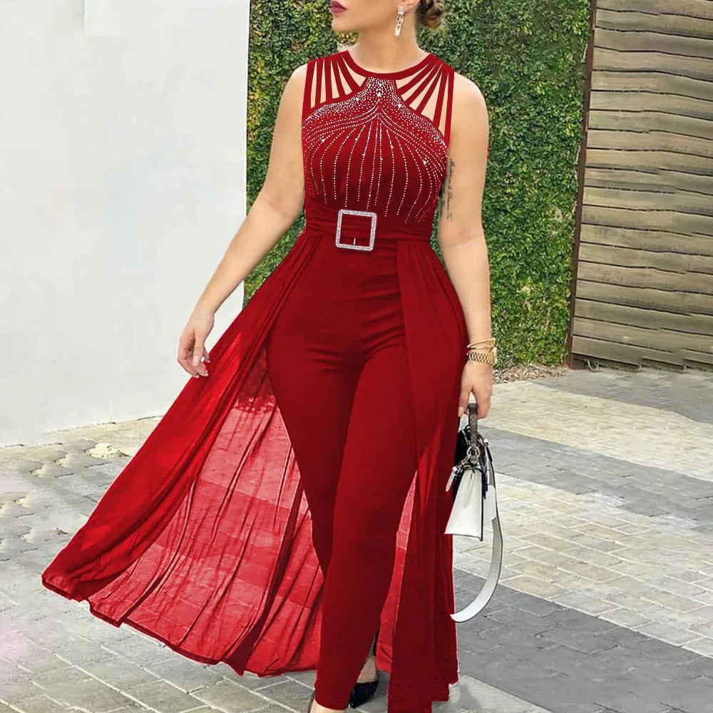 Women's Sexy Sleeveless Jumpsuit, Elegant Hot Rhinestone Mesh Mop Red Summer 2024