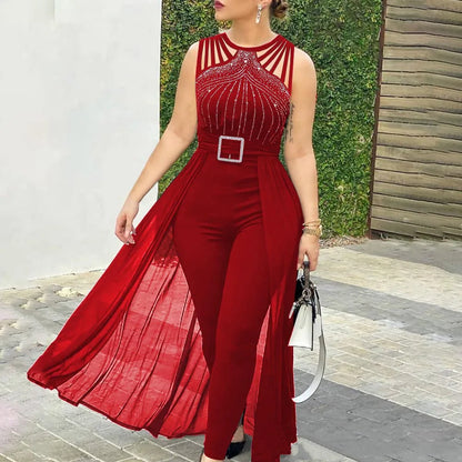 Women's Sexy Sleeveless Jumpsuit, Elegant Hot Rhinestone Mesh Mop Red Summer