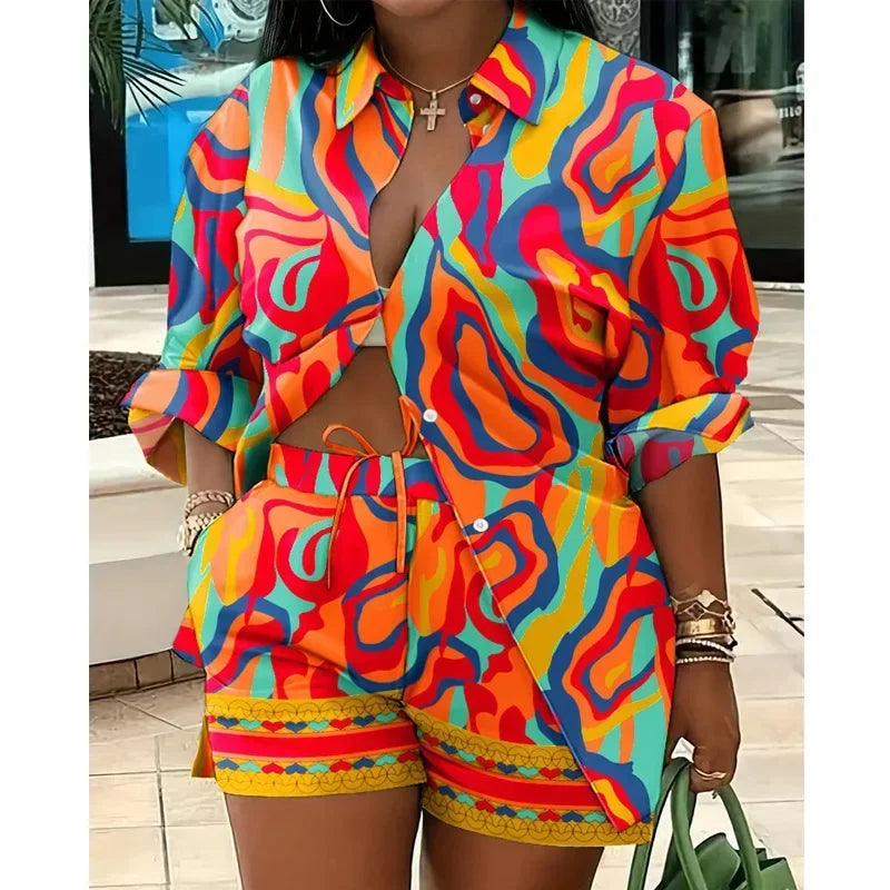 Fashion Colorful Striped Printed Two Piece Set Women Outfit Suit Casual Summer Button Up Long Sleeve Shirt and Shorts Set