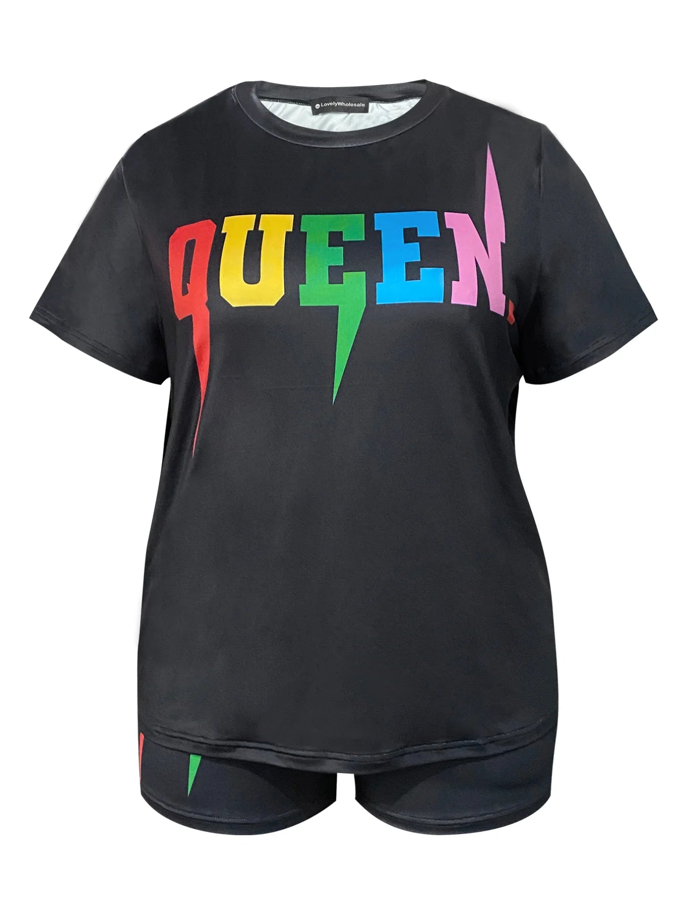 4XL 5XL LW Plus Size Queen Letter Print Shorts Set Summer Women Round Neck T-Shirt And Print Shorts Without Pocket