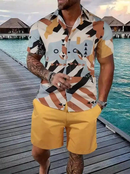 Comfortable Coconut trees leaves color blocking 3D Print shirt +Shorts Two Piece Set Short Sleeve Flip collar shirts half pants