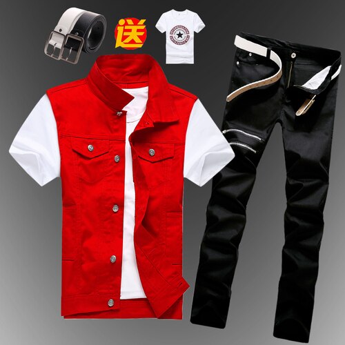 Mens Boys Casual Denim Vest Sleeveless Waistcoat Summer Jeans Pants Trousers Slim Fit Two Piece Set Summer