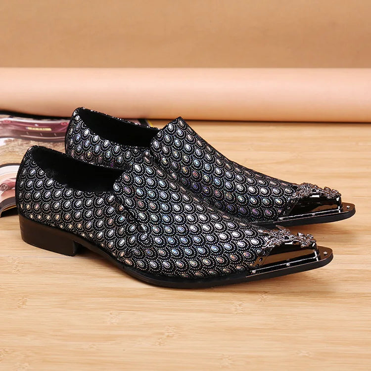2025 Western Fashion Pointed Metal Toe Dress Shoes Blue Grey Party Wedding Leather Shoes for Men