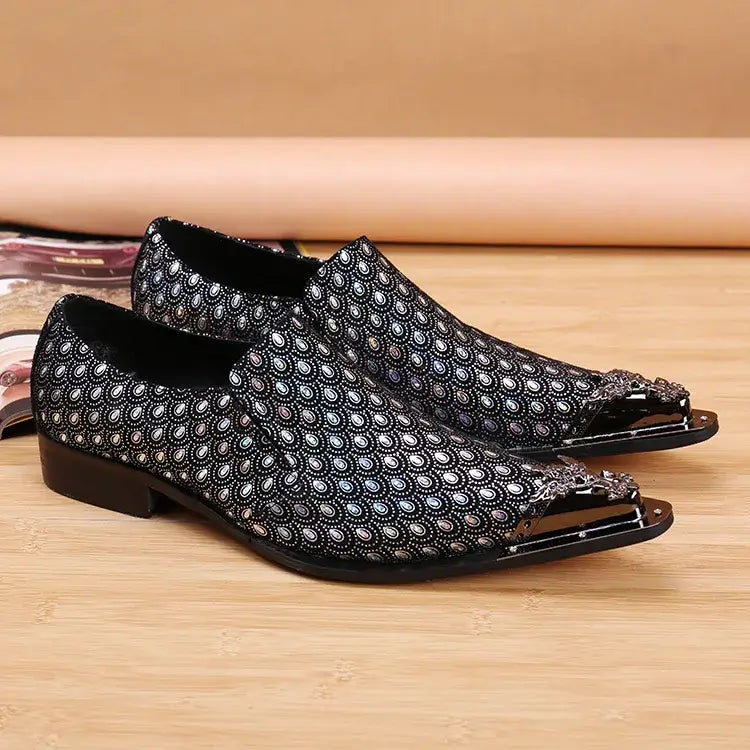 2025 Western Fashion Spitz zulaufende Metallkappe Abendschuhe Blau Grau Party Hochzeit Lederschuhe für Herren